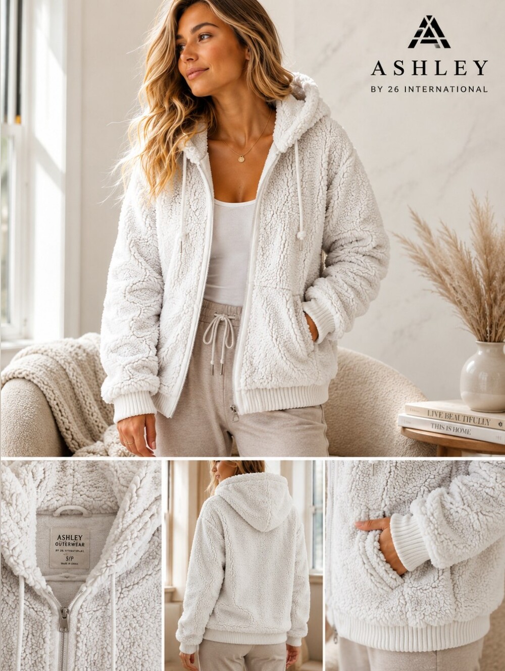 💙 Ashley By 26 International Outterwear - Cream Sherpa Zip Coat Jacket Shacket